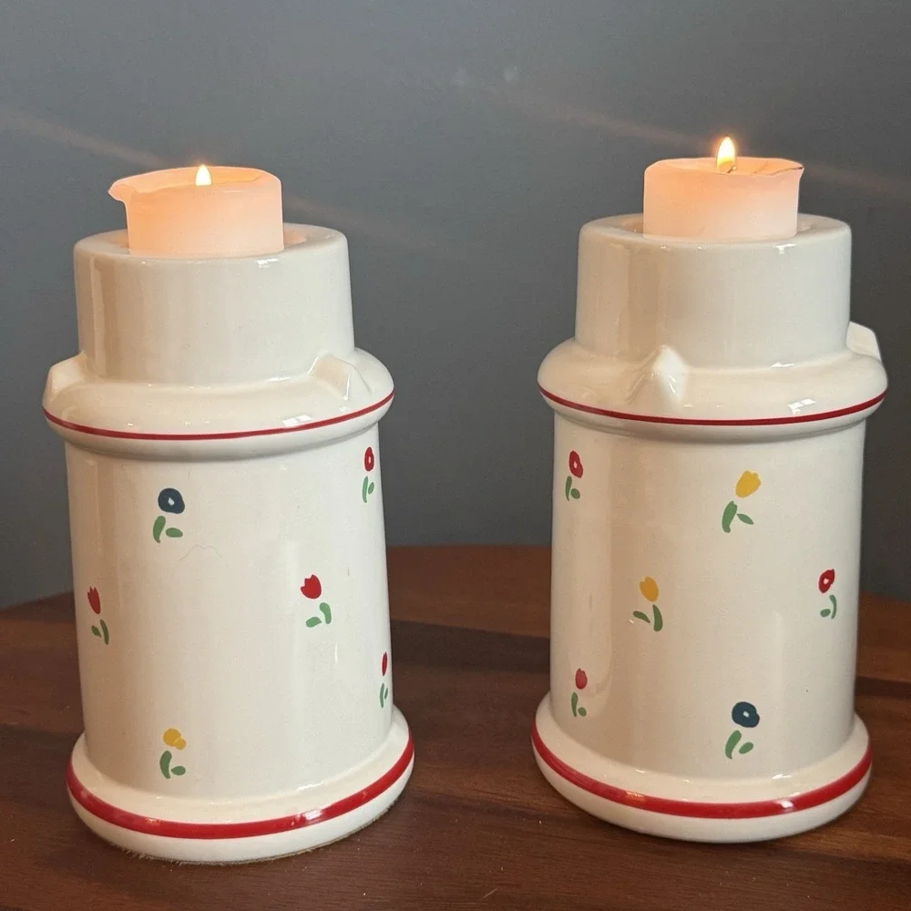 Vintage Tulip Ceramic Candlestick Holders Milk Can‎ Pair Cottagecore Riva Japan